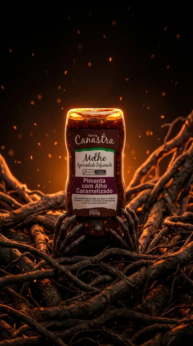 Embalagem do molho sobre raízes com brasas ao fundo